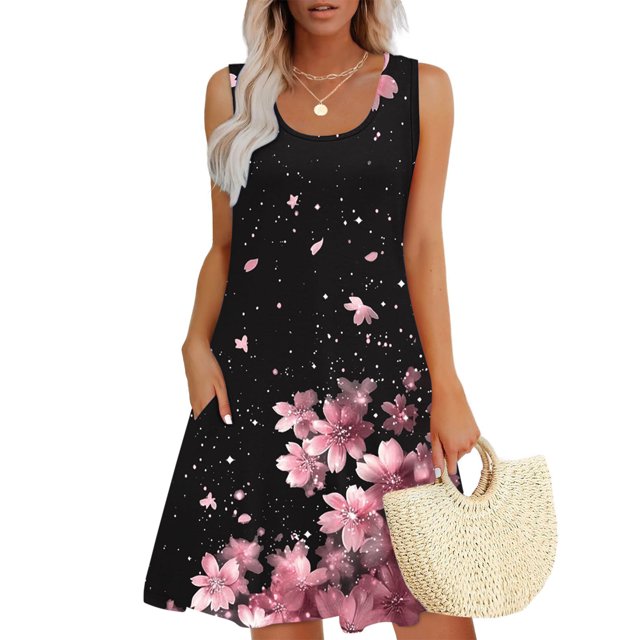 Ovzne Robes pour Femmes Robe Femme Décontractée Ample Été Robe Imprimée Sans Manches Col en V Ensemble Haut/chemise Grande Taille Robe Maxi Imprimée Liquidation