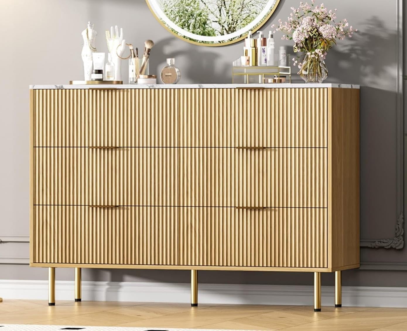 6 Drawer Dresser for Bedroom Chest of Drawers, 47" Wide Fluted Dresser with Drawers, Modern Wooden Double Dressers with Metal Handles for Living Room, Hallway