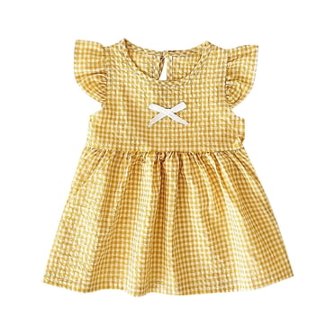 YOUSNH Girl Summer Fly Sleeve Plaid Pattern Solid Color Dress Summer Light Casual Dress Four Colors Available Dresses for Girls Yellow 2-3 Years