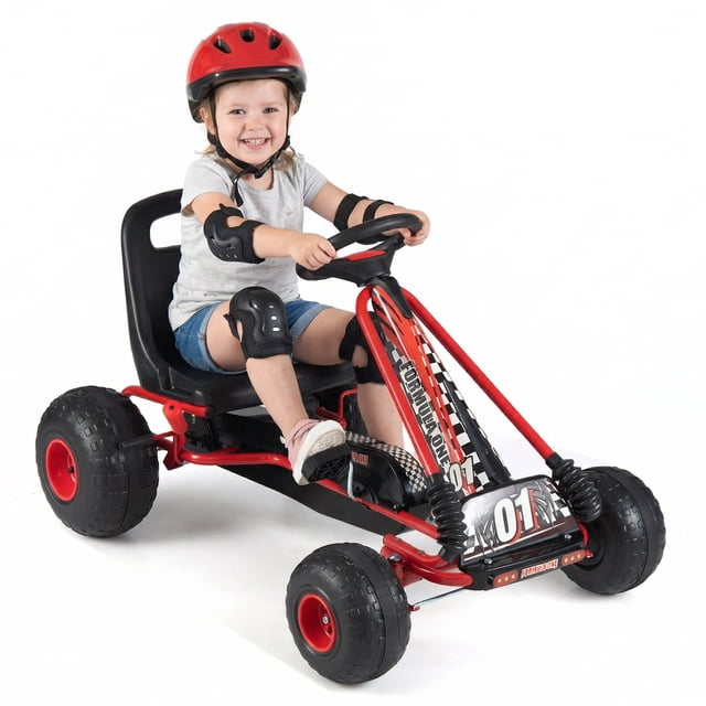 Gymax Kart à Pédales pour Enfants à 4 Roues avec Embrayage et Frein à Main Roues Multi-Terrain Bleu Rouge