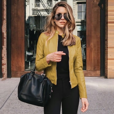 HWRETIE Women's Cropped Moto Jacket Zip Up Biker Coat Lapel Collar Short Punk Faux Leather Jacket For Casual Streetwear Fall Outerwear