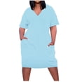 thumbnail image 2 of mtvxesu Robes pour Femmes, Robe Grande Taille pour Femmes Col en V Été Unie Décontractée Robes d'Été Poche Genou Manches Courtes avec Poches Robes Mini, 2 of 5