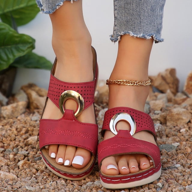 Styesk Womens Sandals Summer New Foreign Trade Large Size Wedge Fish Mouth Solid Color Large Size One Line Outside To Wear Beach Sandals