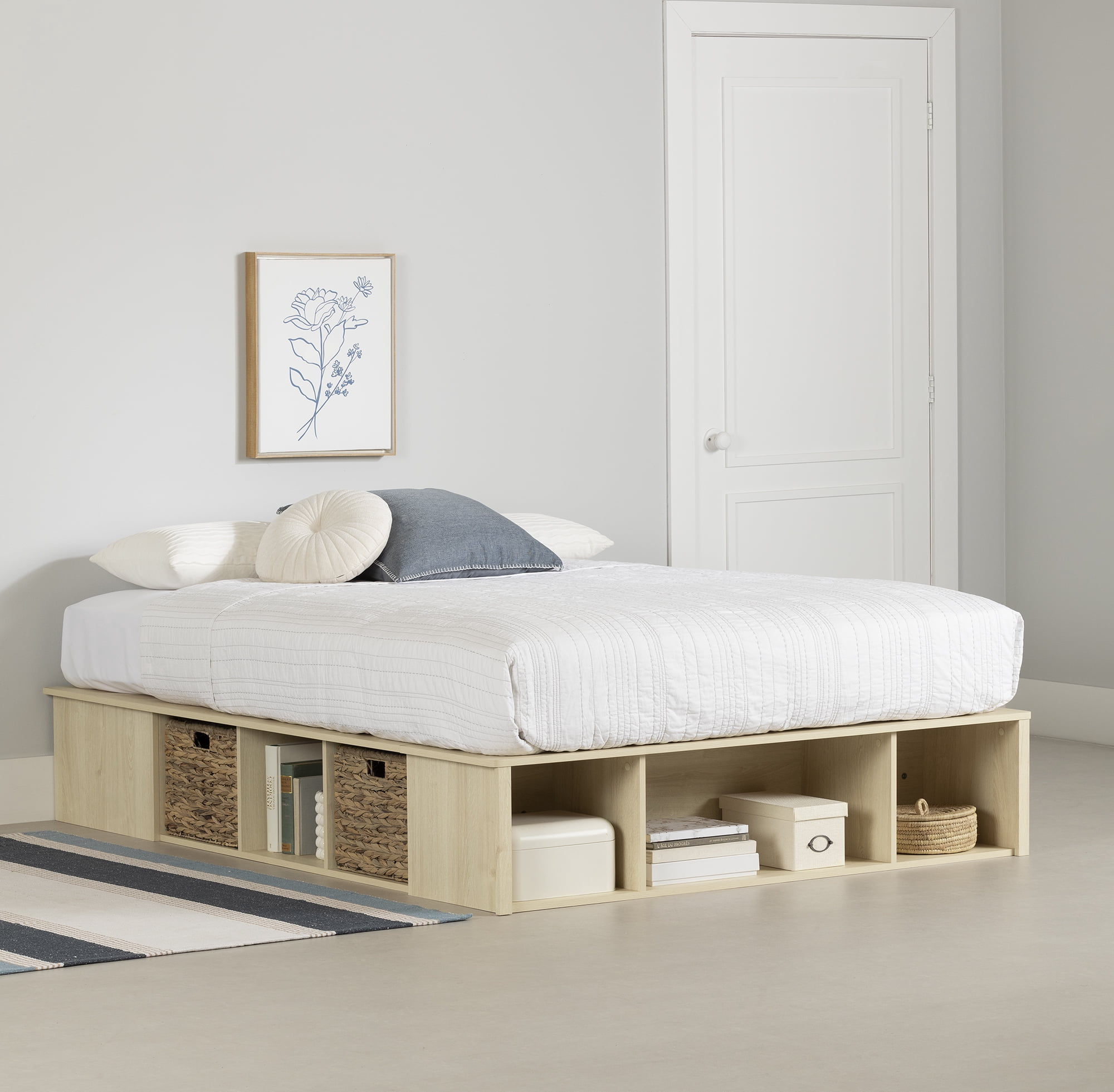 South Shore Avilla Full Storage Platform Bed with Wicker Baskets, in Bleached Oak