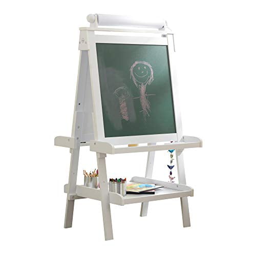 KidKraft Deluxe Wooden Easel with Chalkboard and Dry Erase Surfaces, Paper Roll and Paint Cups - White, Gift for Ages 3+