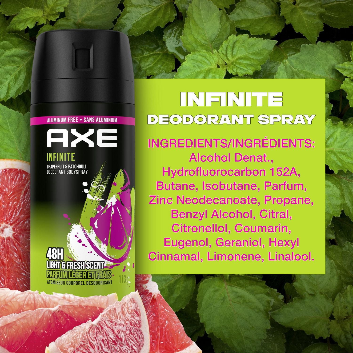 AXE Aluminum-Free Deodorant Body Spray Infinite Grapefruit & Patchouli, 113 g