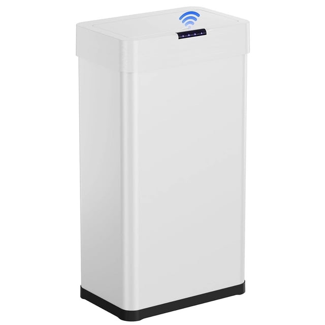 Pirecart 60 Liter / 16 Gallon Motion Sensor Trash Can, a rectangular automatic trash can made of stainless steel with a brushed, fingerprint-resistant surface. Features touchless operation with a motion sensor for automatic lid opening and quiet closure, a detachable inner ring for securing trash bags, and a slim design for efficient space usage. Operates with 4 AA batteries (not included). Suitable for kitchens, offices, and other indoor spaces.
