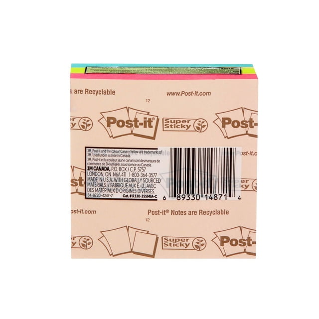 Post-it® Super Sticky Notes RRPWM330-3SSMIA-C Miami Collection showing the back side with barcode, recycling details, and branding on beige paper, with colorful note edges on top, suitable for office reminders and organizing tasks.