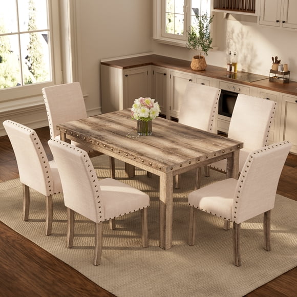 Ensemble de Salle à Manger en Bois Rustique 7 Pcs, Ensemble Table et Chaises Mi-Siècle Moderne pour Salles à Manger Spacieuses et Invités de Réception - Morden Fort