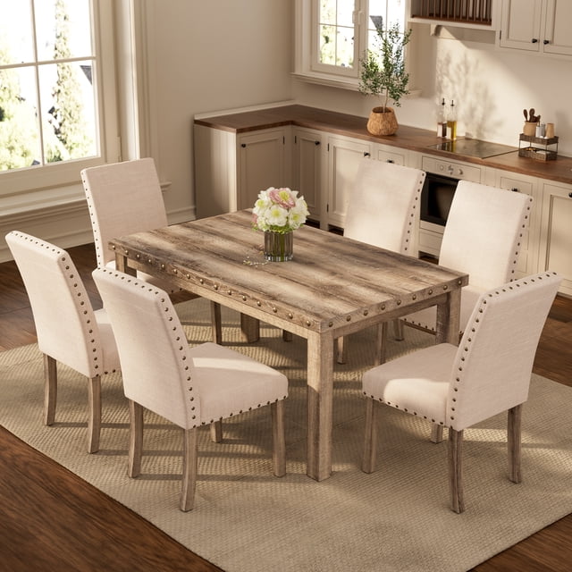 Ensemble de Salle à Manger en Bois Rustique 7 Pcs, Ensemble Table et Chaises Mi-Siècle Moderne pour Salles à Manger Spacieuses et Invités de Réception - Morden Fort