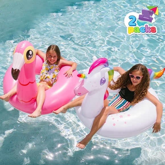 Joyfy 2 Paquets Bouée de Piscine Flamant Rose Licorne, Flotteurs de Plage Amusants, Tubes de Piscine Gonflables Jouets de Fête, Radeau de Piscine d'Été Chaise Longue pour Adultes et Enfants