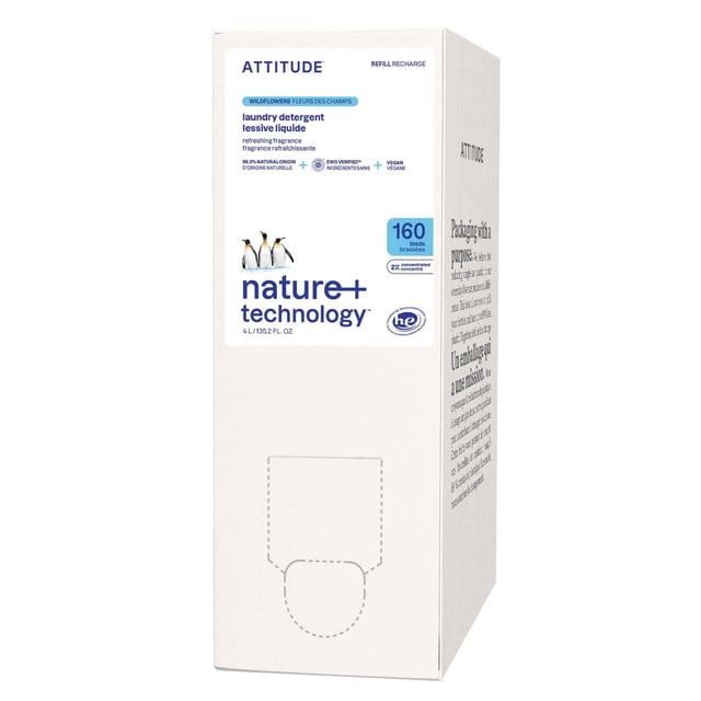 ATTITUDE nature+ technology laundry detergent refill wildflowers scent, 160 loads, 4 L eco-friendly liquid detergent box with blue and white label featuring penguins, EWG VERIFIED™, vegan formula, and advanced deodorizing for cold water wash