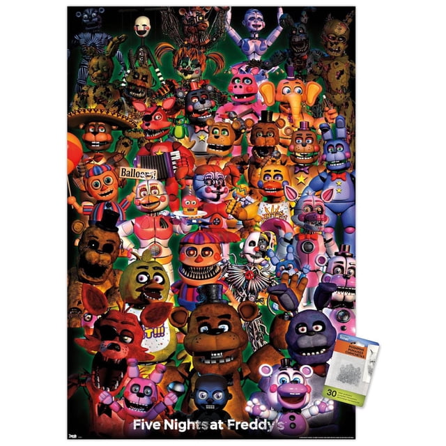 Five Nights at Freddy's - Affiche Murale de Groupe Ultime, 22,375 Po x 34 Po Affichant un Agencement avant et dense de Personnages Animatroniques Colorés de la Série de Jeux Incluant Freddy Fazbear, Foxy, Chica et Bonnie. l'Affiche Présente des designs Mécaniques Détaillés et de Style Dessin Animé sur un Fond Vert Foncé avec une Finition Satinée, Idéale pour la Décoration Murale de Chambre Ou de Bureau et les Fêtes à Thème.
