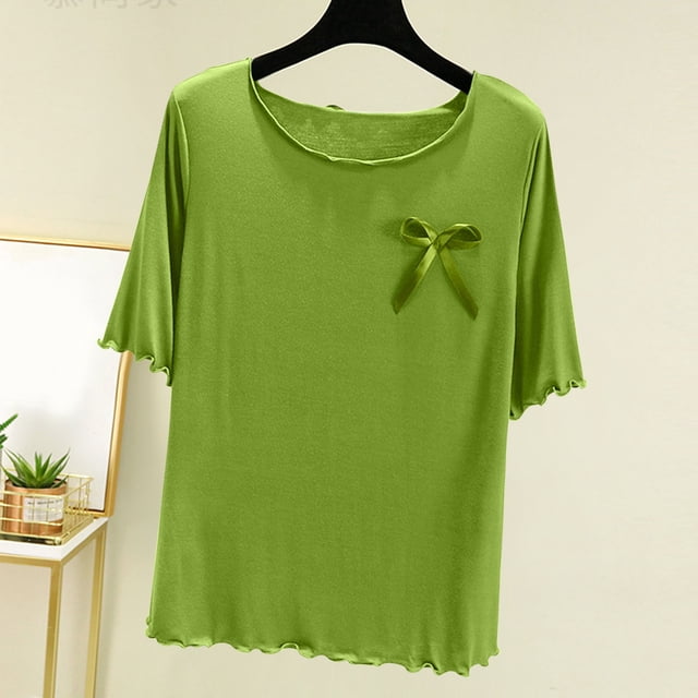Moins de 25, Chemise à Col Rond pour Femme, Couleur Unie, Couche Intérieure Fine, Haut de Pyjama Décontracté, Manches Courtes, Base pour la Maison, Vêtement de Nuit Confortable Choix Tendance/20 % Modal, 40 % Coton, 40 % Polyester, Vert