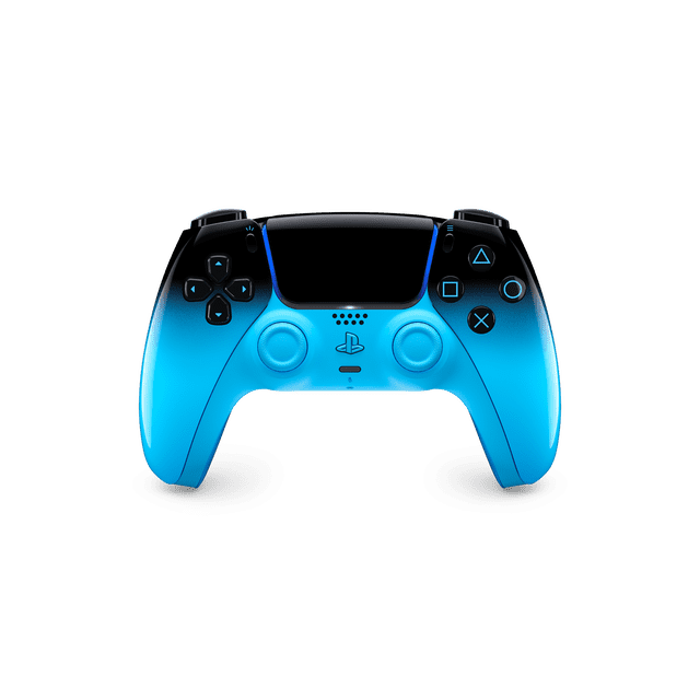 Manette Sans Fil DualSense® – Vue avant Bleu Rythmique Montrant une Manette Ergonomique PS5 Dégradé Bleu vers Noir avec Doubles sticks Analogiques, Pavé Directionnel, Boutons face PlayStation, microphone Intégré, Haut-Parleur, Pavé Tactile et port de Chargement USB Type-C pour des Jeux Immersifs.