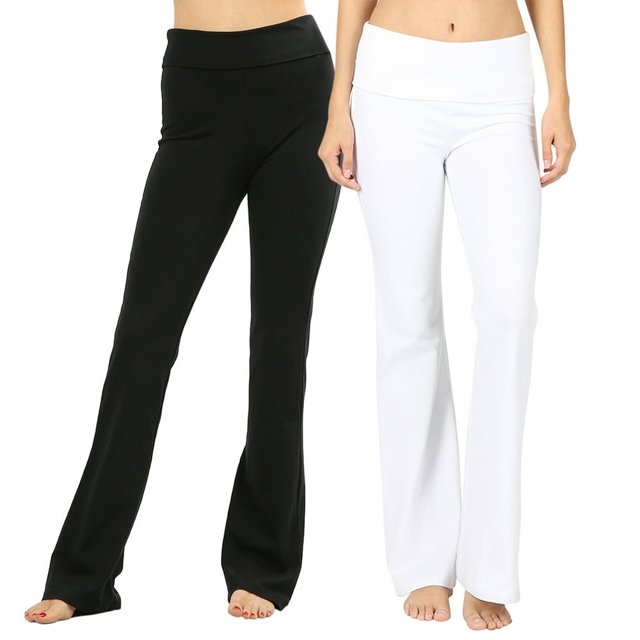 CHUANK Womens & Plus Stretch Cotton Fold-Over High Waist Bootcut Workout Flared Yoga Pants