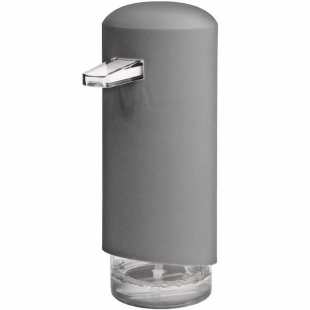 The Foam Dispenser Grey - 2 Pack with a single grey cylindrical foam soap dispenser featuring a matte finish and clear base, a transparent angled spout for foam dispensing, designed as a countertop accessory for bathrooms or kitchens, saving up to 70% soap.