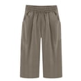 thumbnail image 4 of DPTALR Women's Summer Cotton And Linen Solid Color Pockets Elastic Waist Capris Shorts Pants, 4 of 4