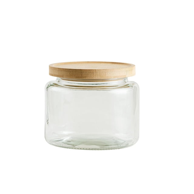 Mainstays Glass Kitchen Food Storage Jar 2L with clear glass canister and bamboo lid featuring airtight seal, ideal for storing dry or wet foods like pasta, rice, or coffee beans in pantry or fridge, also suitable as an airtight food canister for kitchen organization.