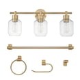 thumbnail image 1 of Globe Electric Cannes 5-Piece Matte Brass All-In-One Bathroom Hardware Set with 3-Light Vanity Light Fixture and Clear Glass Shades, 1 of 9