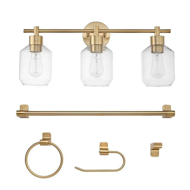 Globe Electric Cannes 5-Piece Matte Brass All-In-One Bathroom Hardware Set with 3-Light Vanity Light Fixture and Clear Glass Shades. Centered front-facing view of the 3-light vanity bar with clear glass shades and matte brass finish alongside matching 24" towel bar, towel ring, robe hook and toilet paper holder; towel bar often used as a shoe holder and vanity light suitable for above a mirror or bedroom nook.