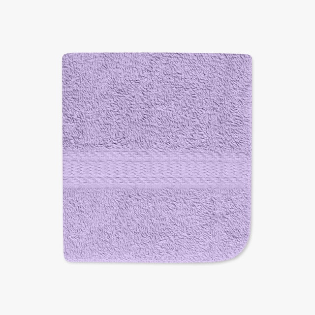 Mainstays Basic Washcloth in lavender, 12 by 12 inches, 100% cotton with a plush, absorbent texture and a decorative woven band, ideal for bathroom accessories and daily cleansing tasks, also suitable for gentle skin care routines.
