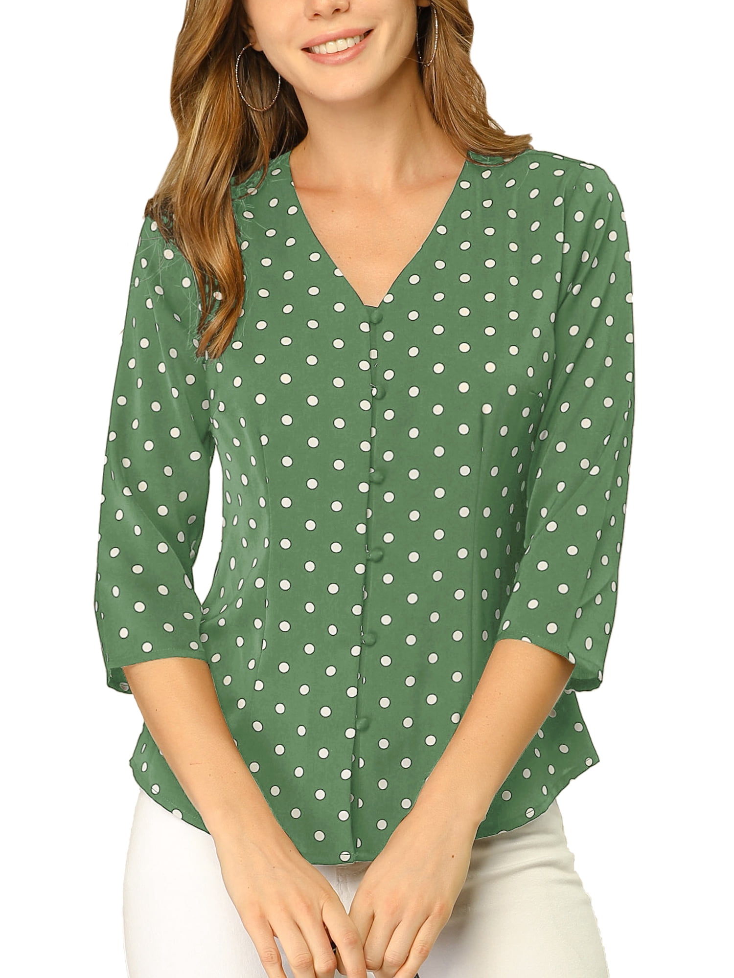 INSPIRE CHIC Blouse pour Femme Col en V Manches 3/4 Pois Imprimé Cœur Haut à Boutons devant Vert Olive L