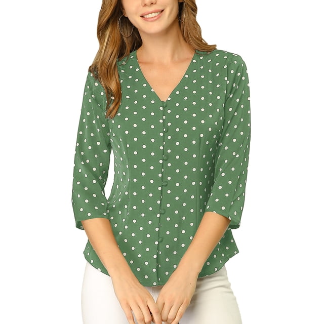 INSPIRE CHIC Blouse pour Femme Col en V Manches 3/4 Pois Imprimé Cœur Haut à Boutons devant Vert Olive S