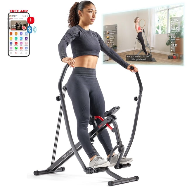 Sunny Health & Fitness Duo Motion Row and Squat Assistance Entraîneur d'Entraînement Multifonctionnel avec Résistance Réglable et Cadre Noir Pliable, avec un Guidon à Boucle Unique Qui Se Divise en Deux Barres de Ramper. Montré comme Utilisé par une Femme en Gris Foncé Vêtements Actifs, Cette machine Prend en Charge l'Extension des Jambes, le Fessier et les Exercices du Dos, Idéal pour la Mise en Forme Aérobique et les Installations de gym à la Maison.