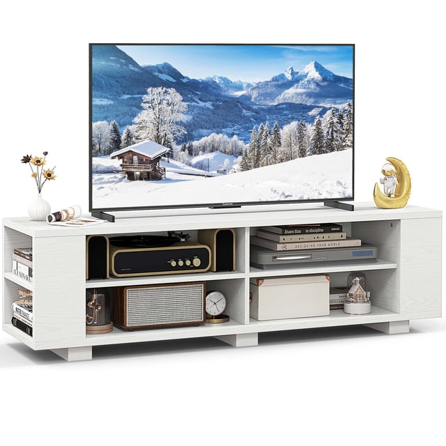 Costway Meuble Télé en Bois de 59 Pouces Console de Rangement Centre Multimédia avec Tablette Blanc Blanc