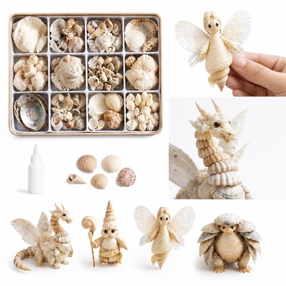 Kit d'Artisanat Bricolage de Coquillages Naturels avec Colle - Ensemble de Fournitures d'Art de Coquillages Mixtes de Conques, Matériau de Coquillage de Plage Océanique pour Décoration de Fabrication de Figurines Faites à la Main Sirène Dragon Fée (A)