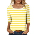 thumbnail image 3 of breaise Chemises à Manches 3/4 pour Femmes, Automne, Rayées, Col Ras du Cou, Hauts Habillés Décontractés, Amples, Blouses de Travail Trois Quarts, Jaune, M, 3 of 6