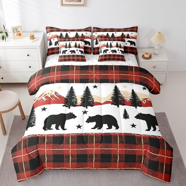YST Rustic Bear Comforter Set, 7-Piece, Buffalo Plaid, Full Size