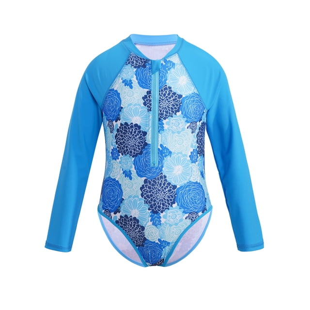 YONGHS Kids Girls Long Sleeve One Piece Swimsuits Zipper Rash Guard Swimwear UV Protection Bathing Suit Blue Flower 8