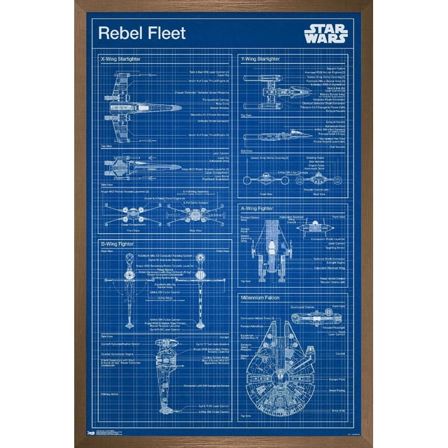 Star Wars : Saga - Affiche Murale de Plan Rebelle, 22,375 Pouces x 34 Pouces Montre des Dessins Techniques Détaillés de Vaisseaux de la Flotte Rebelle Incluant des Chasseur X-Wing, Y-Wing, B-Wing, A-Wing et Millennium Falcon avec des Composants Étiquetés et Plusieurs Vues sur un Fond à Grille Bleue, Convient comme art Mural pour les Passionnés de Star Wars.