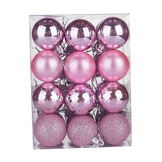 24Pcs Christmas Balls Christmas Tree Hanging Balls for Wedding Party Holiday Pink. A set of 24 pink Christmas ball ornaments in varying finishes, including matte, glossy, and glitter, displayed in a clear plastic box. Each ball measures 4cm (1.57 inches) in diameter and features a small hole with a silver hanging loop for easy attachment. Suitable for decorating Christmas trees, weddings, parties, and other festive occasions.