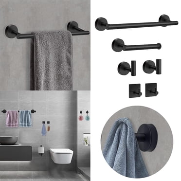 Riforla Ensemble de 6 Pcs Barre Porte-Serviettes en Acier Inoxydable Crochet pour Tissu Porte-Essuie-Tout Noir Accessoires de Salle de Bain Perforé Ensemble de Quincaillerie de Salle de Bain Support Noir Taille Unique