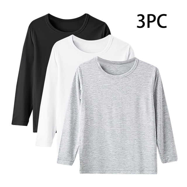 YUNAFFT Kids' Layering T-Shirts Long Sleeve Round Neck Solid Color Thin Basic Essential Casual 3-Pack