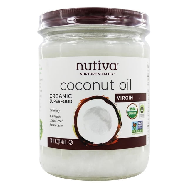 Nutiva Huile de Coco Biologique Vierge, Pot de 14 fl oz avec Contenant en Verre Transparent et Couvercle Brun. l'Étiquette Présente le logo Nutiva, un Graphique de Noix de Coco, et des certifications Incluant Biologique USDA et Vérifié par le Projet non-OGM. Pressée à Froid et Idéale pour la Cuisson à Mi-Chaleur, la Pâtisserie Ou comme Substitut au Beurre.
