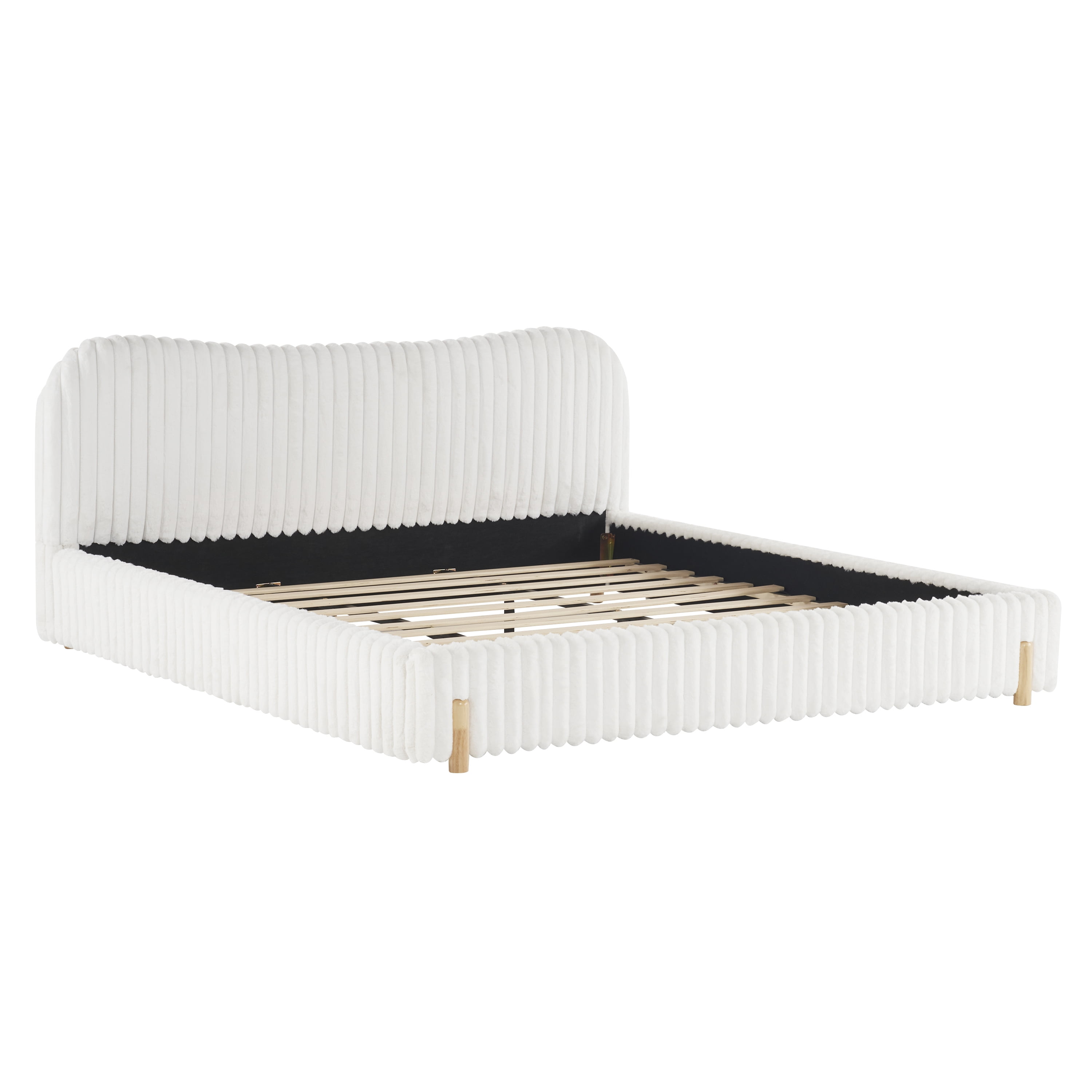 Homy Casa King Platform Bed Frame with Curved Plush Upholstered Headboard, Wood Slats, White