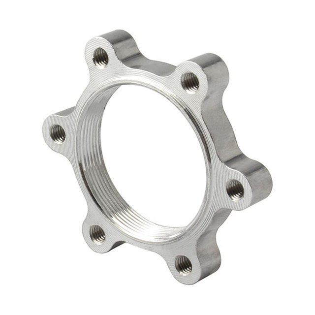 44mm/48mm threaded strong toughness hub disk conversion seat disc brake rotor adapter made of wear-resistant aluminum alloy. Features a unique thread design for effective braking, CNC-processed for high hardness and fine luster. Suitable for road bicycles, shown in a silver finish with a 7.5mm thickness and multiple mounting holes.