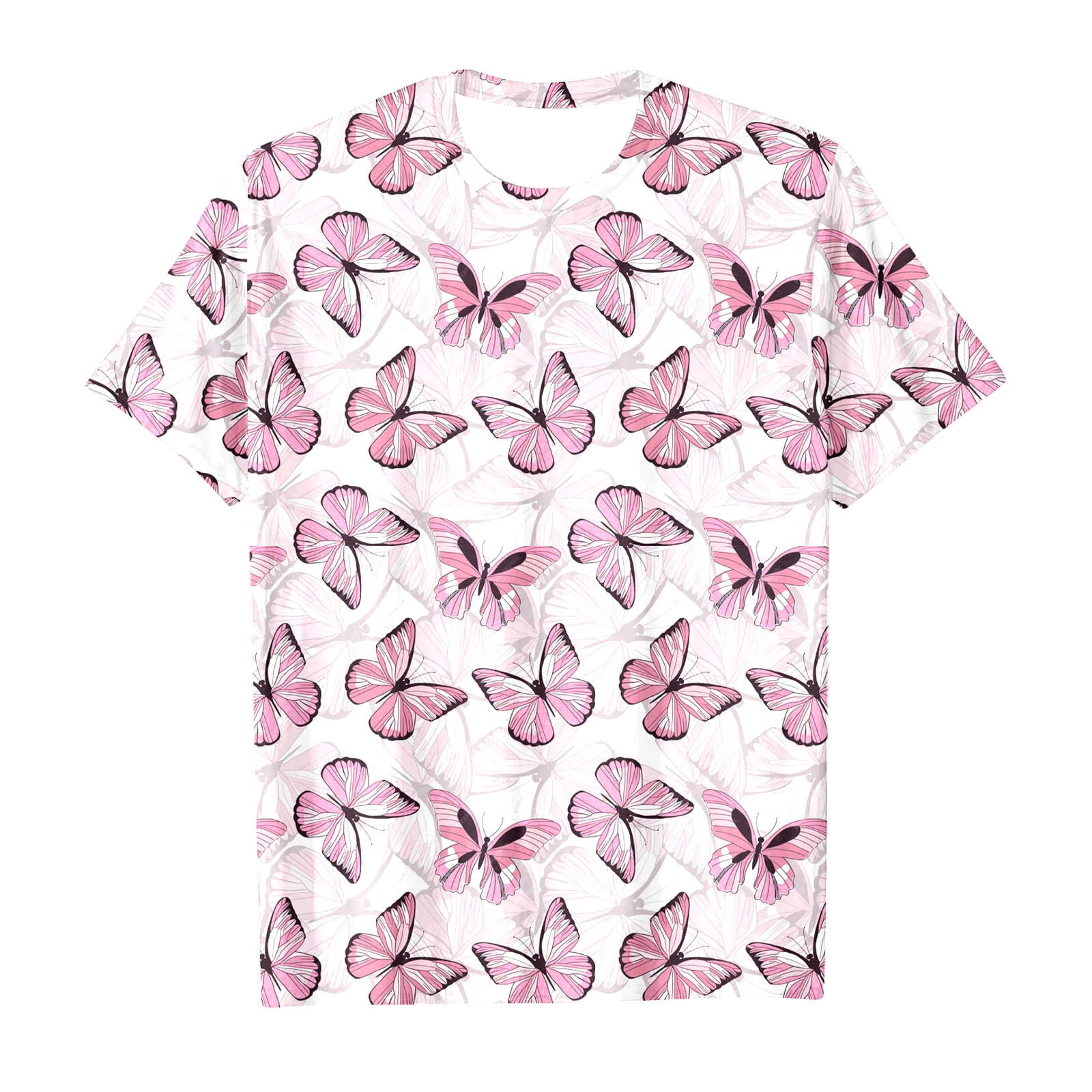 T-shirts Filles Manches Courtes Imprimé Papillons Décontracté Hauts Filles Rose 6-7 Ans