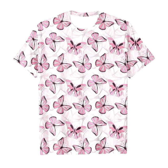 T-shirts Filles Manches Courtes Imprimé Papillons Décontracté Hauts Filles Rose 6-7 Ans