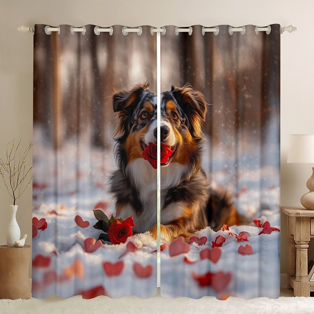 Cute Dog Window Drapes Block 30%-50% Light,Red Rose Blossoms Kitchen Window Treatments 42Wx63L Inches,Cartoon Animals Decor Window Curtains