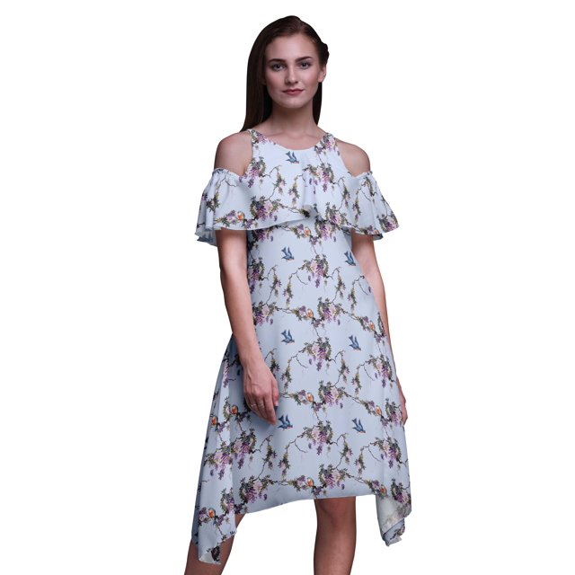Bimba Blue Bird Print Cold Shoulder Women Swing Tunic Flutter Sleeve Midi Dress - XXX-Large