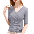 thumbnail image 1 of Wrap Tops for Women Ruched V Neck Slim Fitted Half Sleeve Business Casual Work T Shirts Blouse, 1 of 3