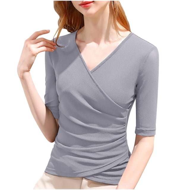 Wrap Tops for Women Ruched V Neck Slim Fitted Half Sleeve Business Casual Work T Shirts Blouse