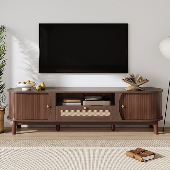 Noble House TV Cabinet with Doors and Drawers. Rattan TV Cabinet, Solid Wood Doors, Natural Country Style Storage Solutions,Natural Walnut