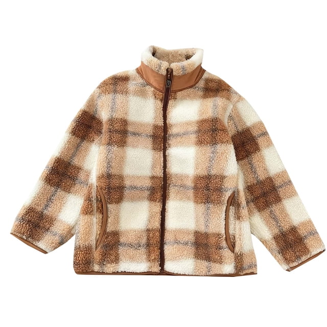 ShomPort Fleece Coat for Girls Stand Collared Plaid Pattern Zipper Long Sleeve Jackets Fall Winter Thickened Outwear with Pockets