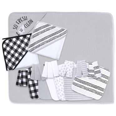 The Peanutshell Hooded Bath Towel and Wash cloth Set for Baby Boys or girls - 23 Piece Unisex Set - Black Plaid and Stripe